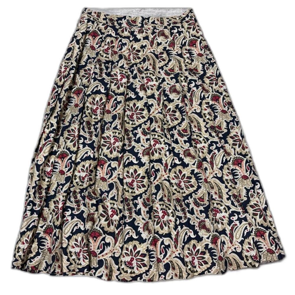 Vtg Talbots Petite 10 Skirt Black Gold Paisley Pleated Midi Dressy Classic